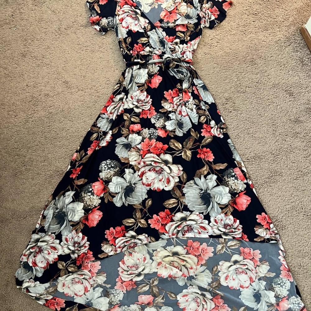 Floral Navy Blue faux Wrap High-Low Dress